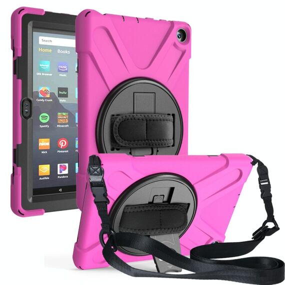 Per Amazon Kindle Fire HD8 (2020) Custodia protettiva antiurto in silicone colorato + PC con supporto e tracolla e tracolla (rosa rossa)