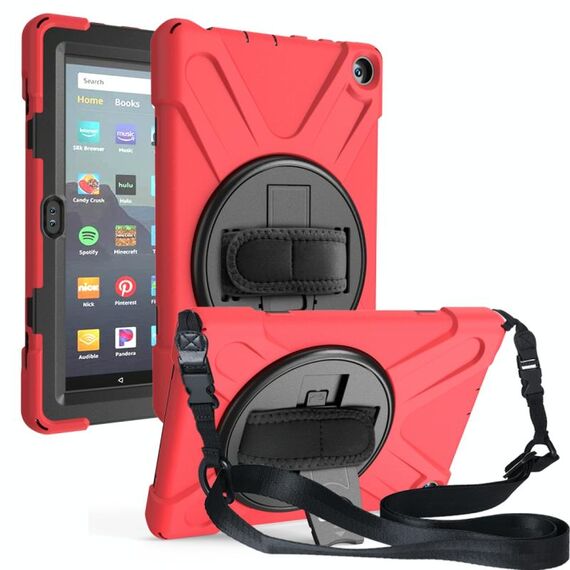 Per Amazon Kindle Fire HD8 (2020) Custodia protettiva antiurto in silicone colorato + PC con supporto e tracolla e tracolla (rossa)