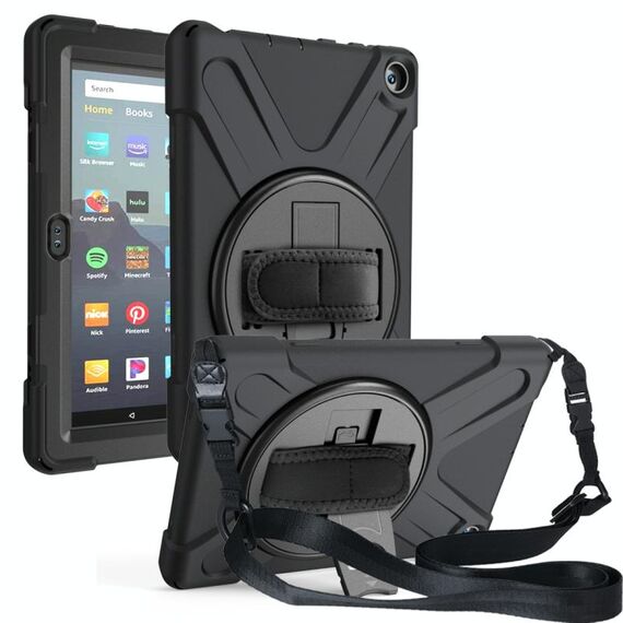 Per Amazon Kindle Fire HD8 (2020) Custodia protettiva antiurto in silicone colorato + PC con supporto e tracolla e tracolla (nera)