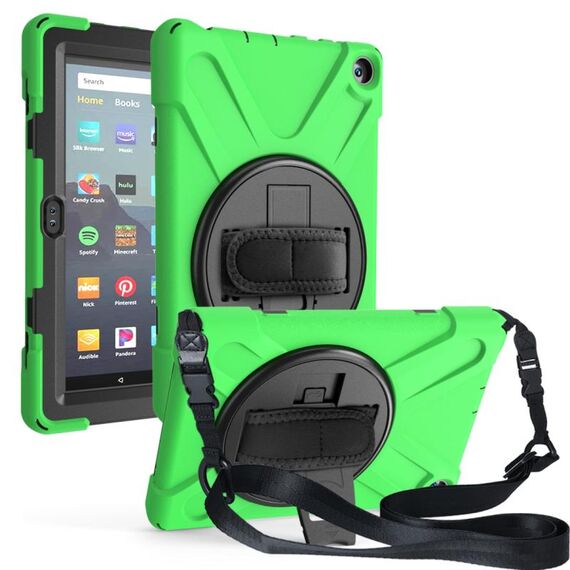 Per Amazon Kindle Fire HD8 (2020) Custodia protettiva antiurto in silicone colorato + PC con supporto e tracolla e tracolla (verde)