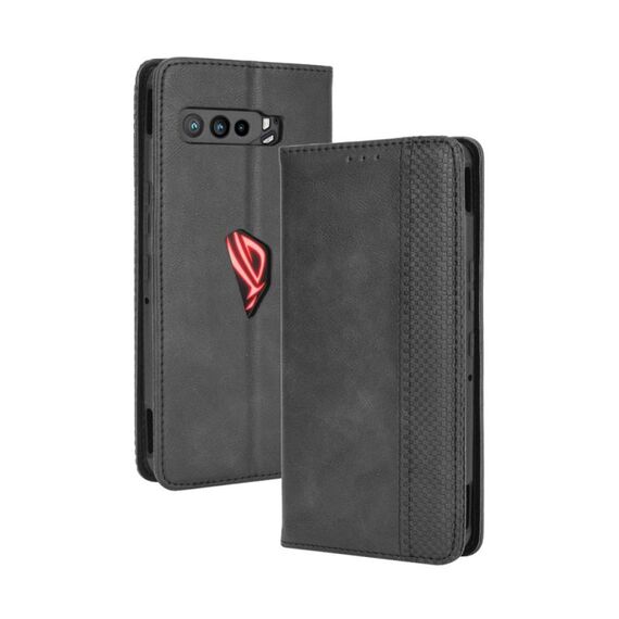 Per Asus ROG Phone 3 ZS661KS Fibbia magnetica Retro Crazy Horse Texture Custodia in pelle a vibrazione orizzontale, con supporto e slot per schede e cornice per foto (nero)