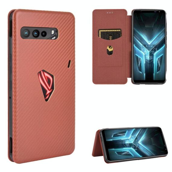 Per Asus ROG Phone 3 ZS661KS Fibra di carbonio Texture Flip orizzontale magnetico TPU + PC + Custodia in pelle PU con slot per scheda (marrone)