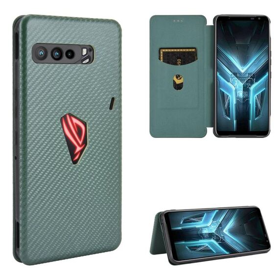 Per Asus ROG Phone 3 ZS661KS Fibra di carbonio Texture Flip orizzontale magnetico TPU + PC + Custodia in pelle PU con slot per scheda (verde)