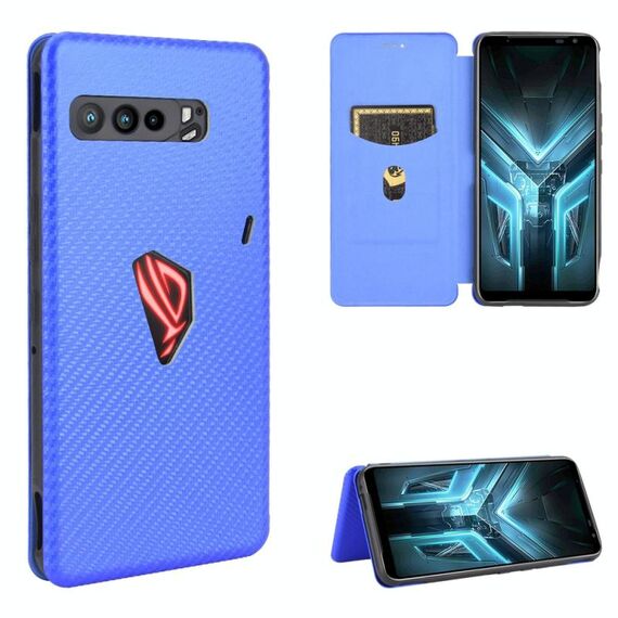 Per Asus ROG Phone 3 ZS661KS Fibra di carbonio Texture Flip orizzontale magnetico TPU + PC + Custodia in pelle PU con slot per scheda (blu)