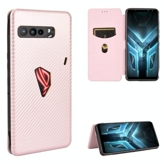 Per Asus ROG Phone 3 ZS661KS Fibra di carbonio Texture Flip orizzontale magnetico TPU + PC + Custodia in pelle PU con slot per scheda (rosa)