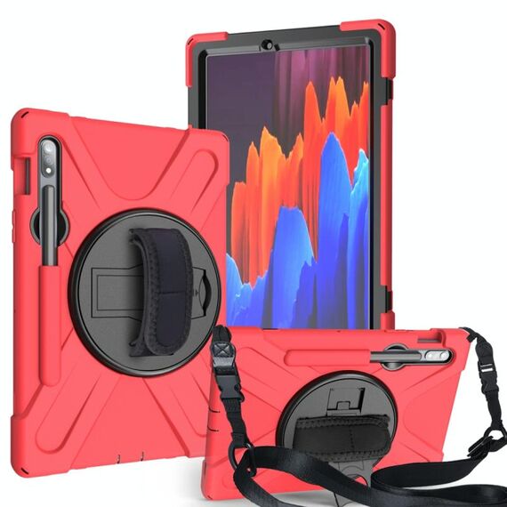 Per Samsung Galaxy Tab S8 / GALAXY TAB S7 (2020) T870 Antifondo antiurto in silicone + custodia protettiva per PC con supporto e tracolla e cinturino a mano e slot a penna (rosso)