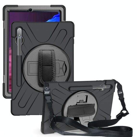 Per Samsung Galaxy Tab S8 + / TAB S8 PLUS / TAB S7 FE / TAB S7 + Antifondo antiurto Silicone + PC Cassa protettiva con supporto e tracolla e cinturino a mano (nero)