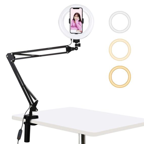 PULUZ 7,9 pollici 20 cm Anello di luce curva + Supporto da tavolo USB 3 modalità Dimmerabile Doppia temperatura colore LED Vlogging Selfie Fotografia Luci video con morsetto per telefono (Nero)