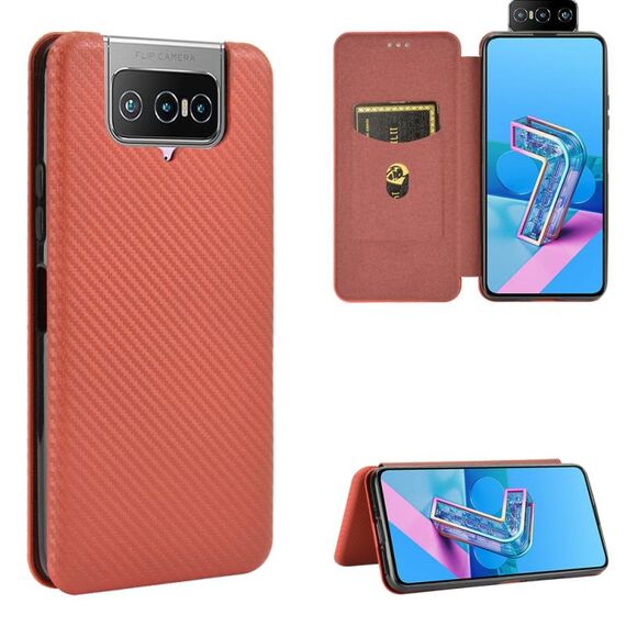 Per Asus Zenfone 7 ZS670KS / ZenFone 7 Pro ZS671KS Struttura in fibra di carbonio Flip orizzontale magnetico TPU + PC + Custodia in pelle PU con slot per scheda (marrone)