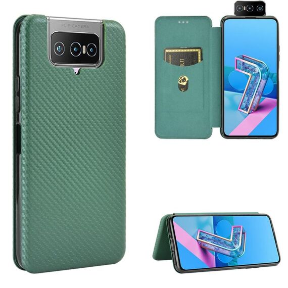 Per Asus Zenfone 7 ZS670KS / ZenFone 7 Pro ZS671KS Fibra di carbonio Texture Flip orizzontale magnetico TPU + PC + Custodia in pelle PU con slot per scheda (verde)