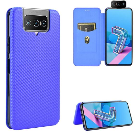 Per Asus Zenfone 7 ZS670KS / ZenFone 7 Pro ZS671KS Fibra di carbonio Texture Flip orizzontale magnetico TPU + PC + Custodia in pelle PU con slot per scheda (blu)
