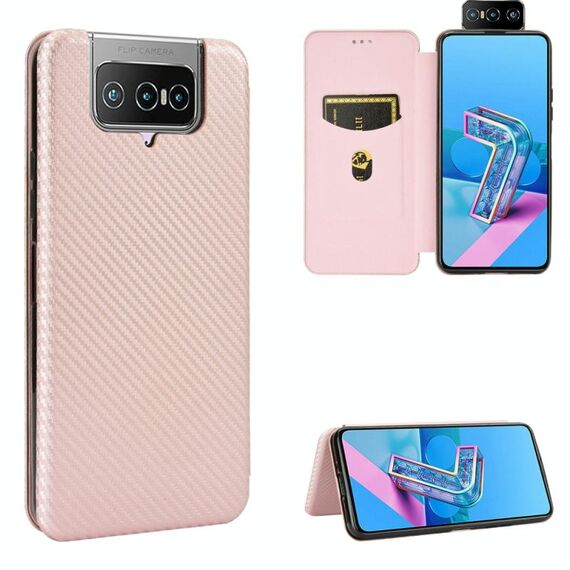 Per Asus Zenfone 7 ZS670KS / ZenFone 7 Pro ZS671KS Fibra di carbonio Texture Flip orizzontale magnetico TPU + PC + Custodia in pelle PU con slot per scheda (rosa)