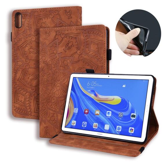 Per Huawei MatePad 10.8 Custodia in pelle con ribaltina orizzontale in rilievo con struttura in vitello con supporto, slot per schede e cornice per foto (marrone)