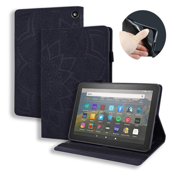 Per Amazon Fire HD 8 (2020) Custodia in pelle con ribaltina orizzontale in rilievo con trama di vitello con supporto, slot per schede e cornice per foto (nera)