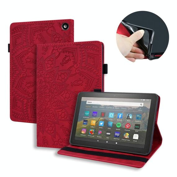 Per Amazon Fire HD 8 (2020) Custodia in pelle con ribaltina orizzontale in rilievo con trama di vitello con supporto, slot per schede e cornice per foto (rossa)