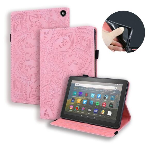 Per Amazon Fire HD 8 (2020) Custodia in pelle con ribaltina orizzontale in rilievo con trama di vitello con supporto, slot per schede e cornice per foto (rosa)