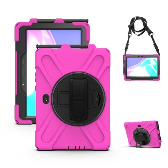 Per Samsung Galaxy Tab Active Pro T540 / T545 / Tab Active4 Pro Custodia protettiva in silicone colorato antiurto + PC con supporto e cinturino per impugnatura (rosa rossa)
