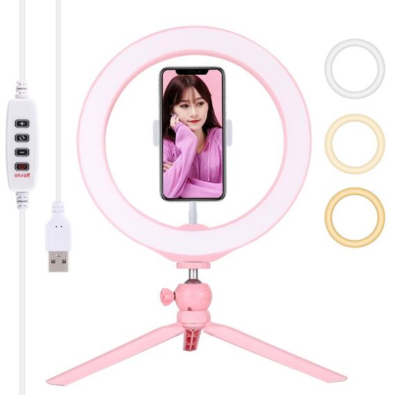 Pulluz 10.2 pollici 26cm Selfie Beauty Light + Desktop Tripod Mount USB 3 Modalità Dimmable LED Anello Vlogging Selfie Photography Photography Photography Lights with Cold Shoe Treppiede Ball Ball & Phone Morsetto (Rosa)