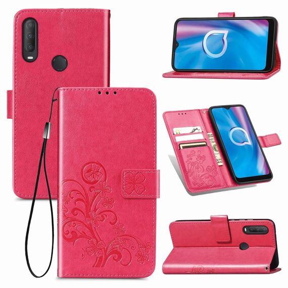 Per Alcatel 1S (2020) Custodia in pelle con fibbia in rilievo con fibbia in rilievo a quattro foglie Custodia in pelle con cordino e slot per schede e portafoglio e funzione di supporto (magenta)