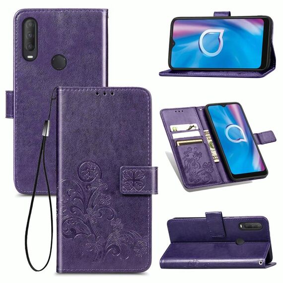 Per Alcatel 1S (2020) Custodia in pelle con fibbia in rilievo con fibbia in rilievo a quattro foglie Custodia in pelle con cordino, slot per schede e portafoglio e funzione di supporto (viola)