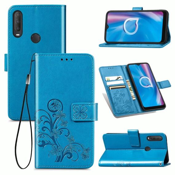 Per Alcatel 1S (2020) Custodia in pelle con fibbia in rilievo con fibbia in rilievo a quattro foglie Custodia in pelle con cordino e slot per schede e portafoglio e funzione di supporto (blu)