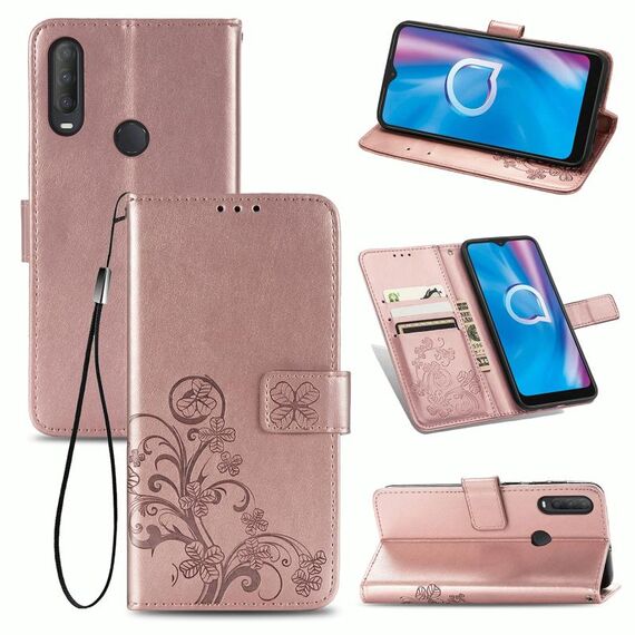 Per Alcatel 1S (2020) Custodia in pelle con fibbia in rilievo con fibbia in rilievo a quattro foglie Custodia in pelle con cordino, slot per schede e portafoglio e funzione di supporto (oro rosa)