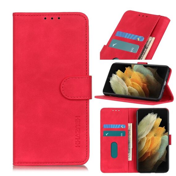 Per Samsung Galaxy S21 Ultra 5G KHAZNEH Custodia in pelle con vibrazione orizzontale in PU + TPU con texture retrò con supporto e slot per schede e portafoglio (rosso)