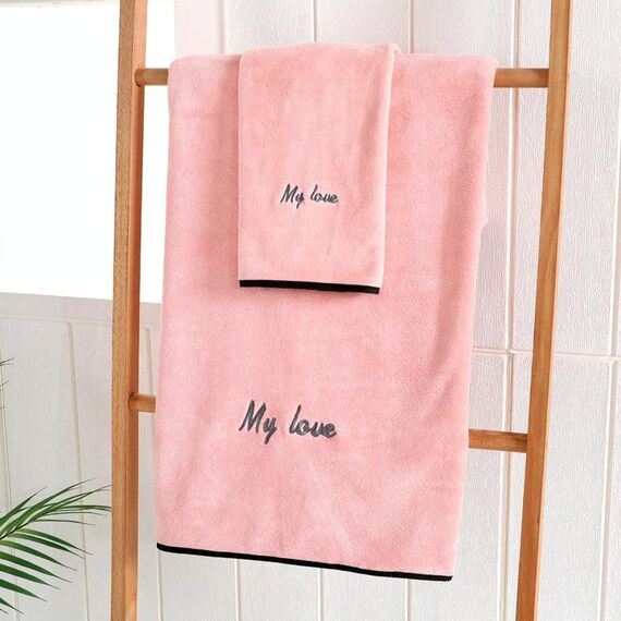 Asciugamano da bagno in fibra assorbente morbida e spessa, specifica: asciugamano + asciugamano da bagno (rosa)