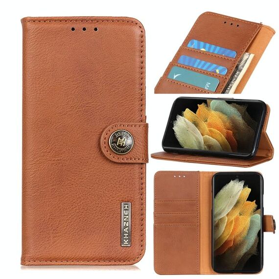 Per Samsung Galaxy S21 Ultra 5G KHAZNEH Custodia in pelle a vibrazione orizzontale con struttura in pelle bovina con supporto e slot per schede e portafoglio (marrone)
