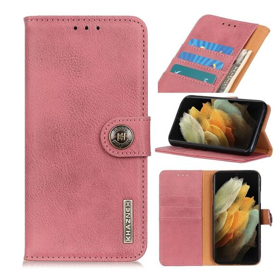 Per Samsung Galaxy S21 Ultra 5G KHAZNEH Custodia in pelle a vibrazione orizzontale con struttura in vacchetta con supporto e slot per schede e portafoglio (rosa)