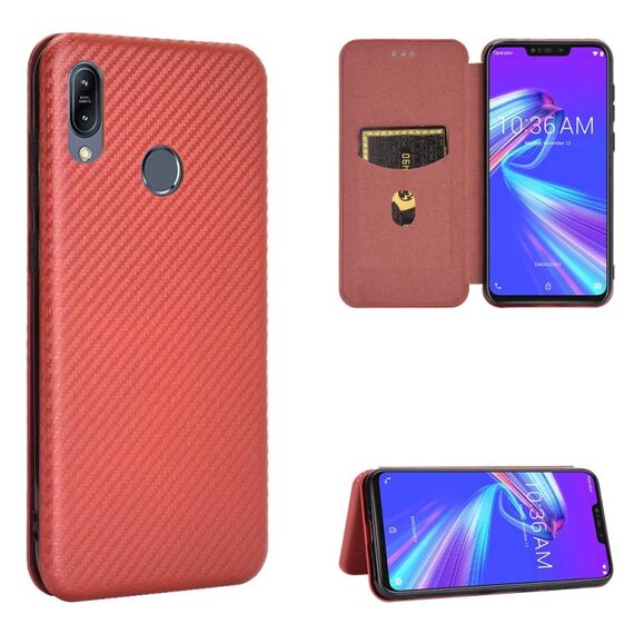 Per Asus Zenfone Max (M2) ZB633KL Custodia in fibra di carbonio con struttura magnetica a vibrazione orizzontale TPU + PC + Custodia in pelle PU con slot per scheda (marrone)