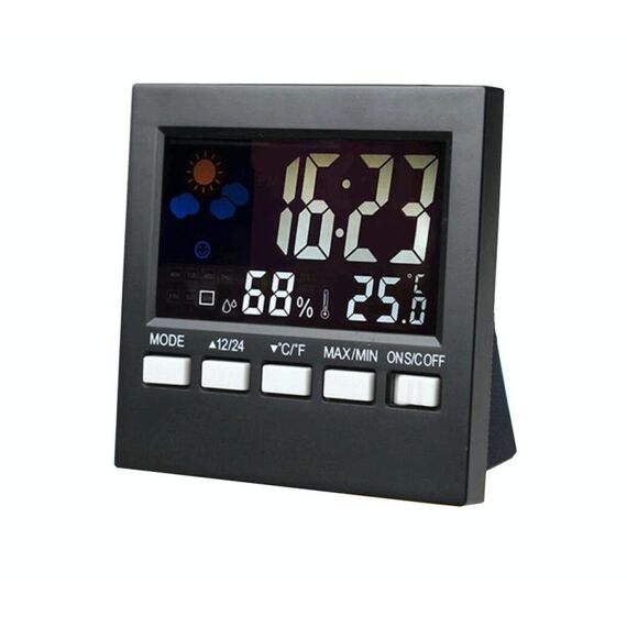 HTC-1 Termometro domestico e igrometro Schermo a colori Stazione meteorologica Termometro Orologio elettronico Allarme (nero)