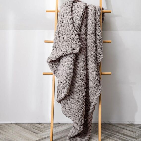 Coperta lavorata a maglia di lana spessa fatta a mano Coperta lavorata a maglia con bastoncino di ciniglia, dimensioni: 80 x 100 cm (grigio cammello)