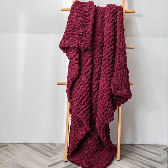 Coperta lavorata a maglia di lana spessa fatta a mano Coperta lavorata a maglia con bastoncino di ciniglia, dimensioni: 80 x 100 cm (rosso vino)