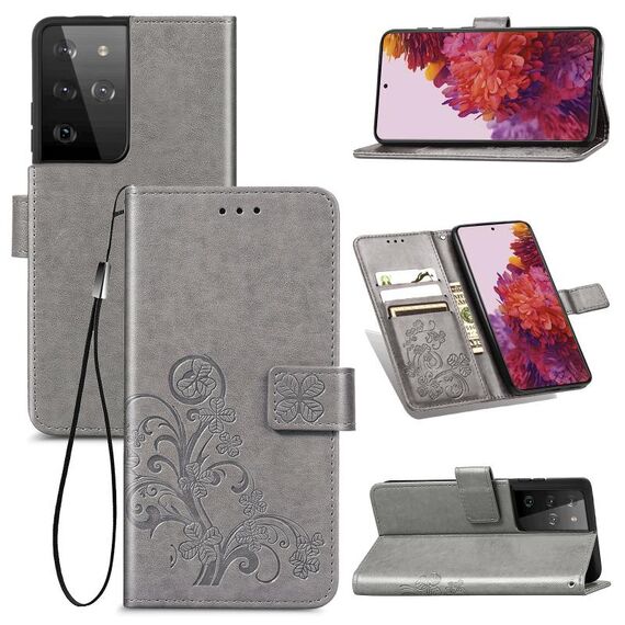Custodia in pelle di protezione del telefono cellulare con fibbia in rilievo con chiusura a quattro foglie con cordino, slot per schede e portafoglio e staffa per Samsung Galaxy S30 Ultra (grigio)