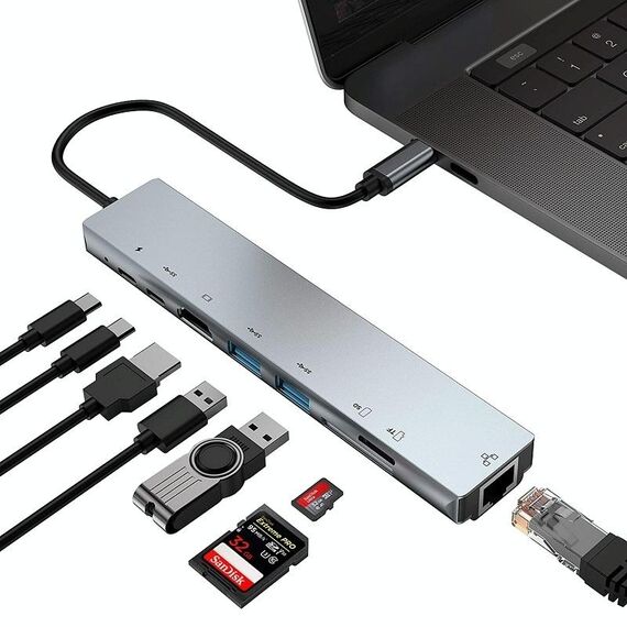 WC7367 8 in 1 87 W da tipo C a PD+USB 3.0/USB 2.0+SD+TF+HDMI+RJ45+HUB docking station tipo c