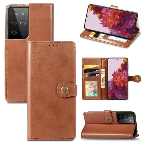 Per Samsung Galaxy S21 Ultra 5G Custodia per telefono con fibbia in pelle tinta unita retrò con cordino, cornice per foto, slot per scheda, portafoglio e funzione di supporto (marrone)