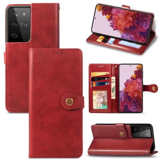 Per Samsung Galaxy S21 Ultra 5G Custodia per telefono con fibbia in pelle tinta unita retrò con cordino, cornice per foto, slot per scheda, portafoglio e funzione di supporto (rosso)