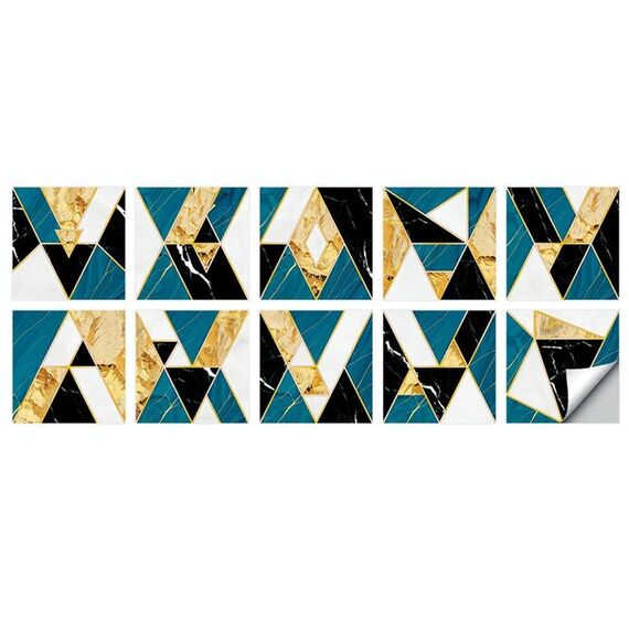 2 set modello geometrico Scala Adesivo per piastrelle da parete Adesivo Cucina Stufa Acqua e olio Adesivi a prova di olio, Specifiche: S: 10x10cm (HT-017 Gold Blue)