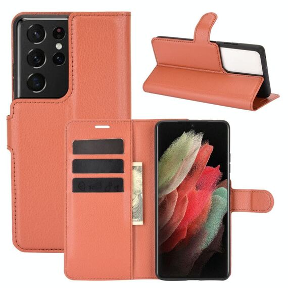Per Samsung Galaxy S21 Ultra 5G Custodia protettiva a vibrazione orizzontale con struttura litchi con supporto, slot per schede e portafoglio (marrone)