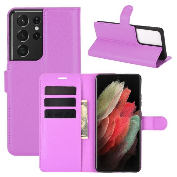 Per Samsung Galaxy S21 Ultra 5G Custodia protettiva a vibrazione orizzontale con struttura litchi con supporto, slot per schede e portafoglio (viola)