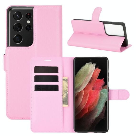 Per Samsung Galaxy S21 Ultra 5G Litchi Texture Custodia protettiva a vibrazione orizzontale con supporto, slot per schede e portafoglio (rosa)