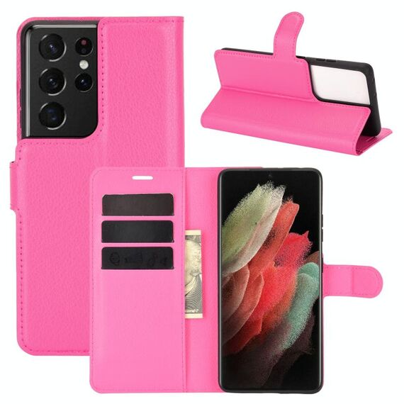Custodia protettiva a vibrazione orizzontale per Samsung Galaxy S21 Ultra 5G Litchi Texture con supporto, slot per schede e portafoglio (rosa rossa)
