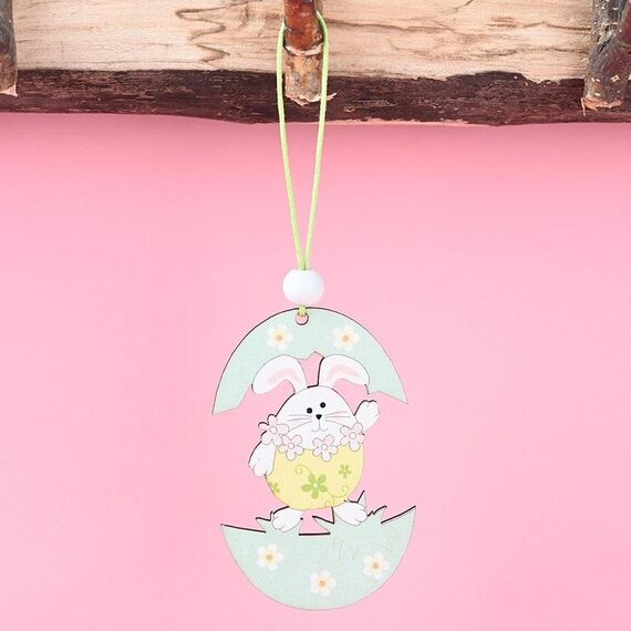 5 confezioni di oggetti decorativi per ciondoli in legno di Pasqua con atmosfera festiva (guscio d'uovo di coniglio giallo)