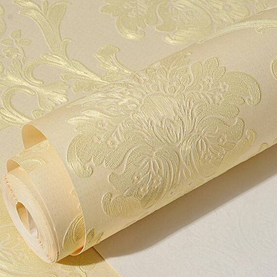 Camera da letto Soggiorno Classico Damasco Damasco 3D Premio Pressata tessuto non tessuto Carta da parati autoadesiva, Specifica: 0,53 x 3 metri (giallo ja205)