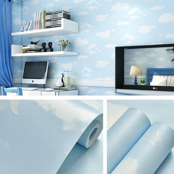 0,53 x 3m Stelle 3D Luna Autoadesiva Carta da parati autoadesiva Bambini mediterranea Adesivo murale (Star Moon Blue)