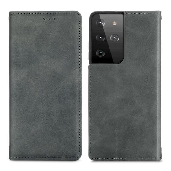 Per Samsung Galaxy S21 Ultra Retro Skin Feel Business Business MAGNETIC Horizontal Custodia in pelle flip con supporto e carta Slot & Portafoglio e cornice fotografica (grigio)