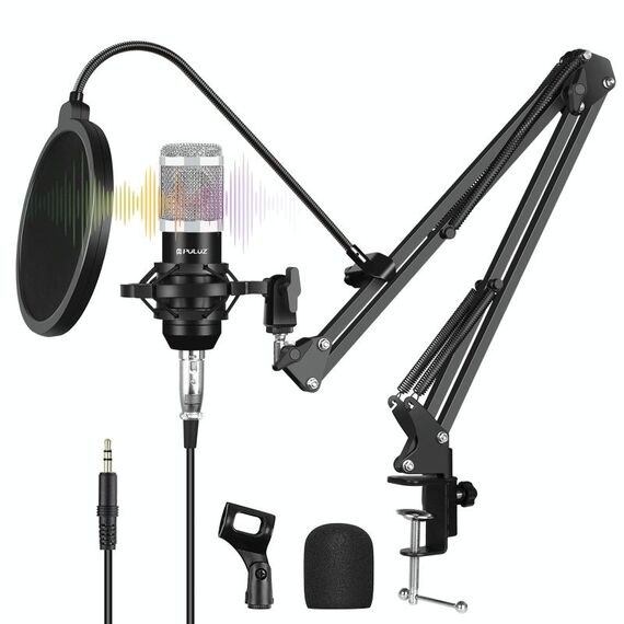 Puluz Condenser Microfono Studio trasmessa kit per microfoni canti professionisti con braccio a forbice sospensione e montaggio sugli shock metallici e scheda audio USB (Silver)