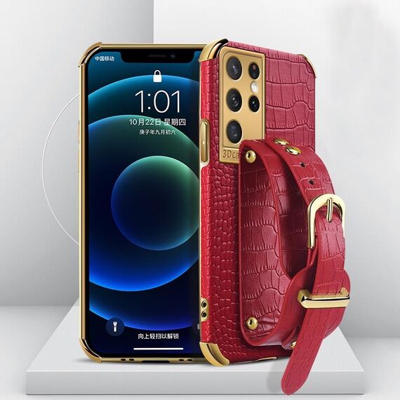 Per Samsung Galaxy S21 Ultra Electroplated TPU Caso di coccodrillo in pelle con cinturino da polso (rosso)