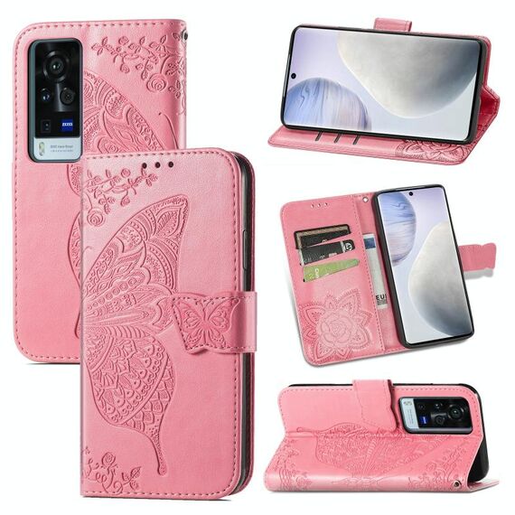 Per Vivo X60 Pro Farfalla Amore fiori in rilievo in cuoio orizzontale flip custodia con supporto e carte e portafoglio e cordino (rosa)